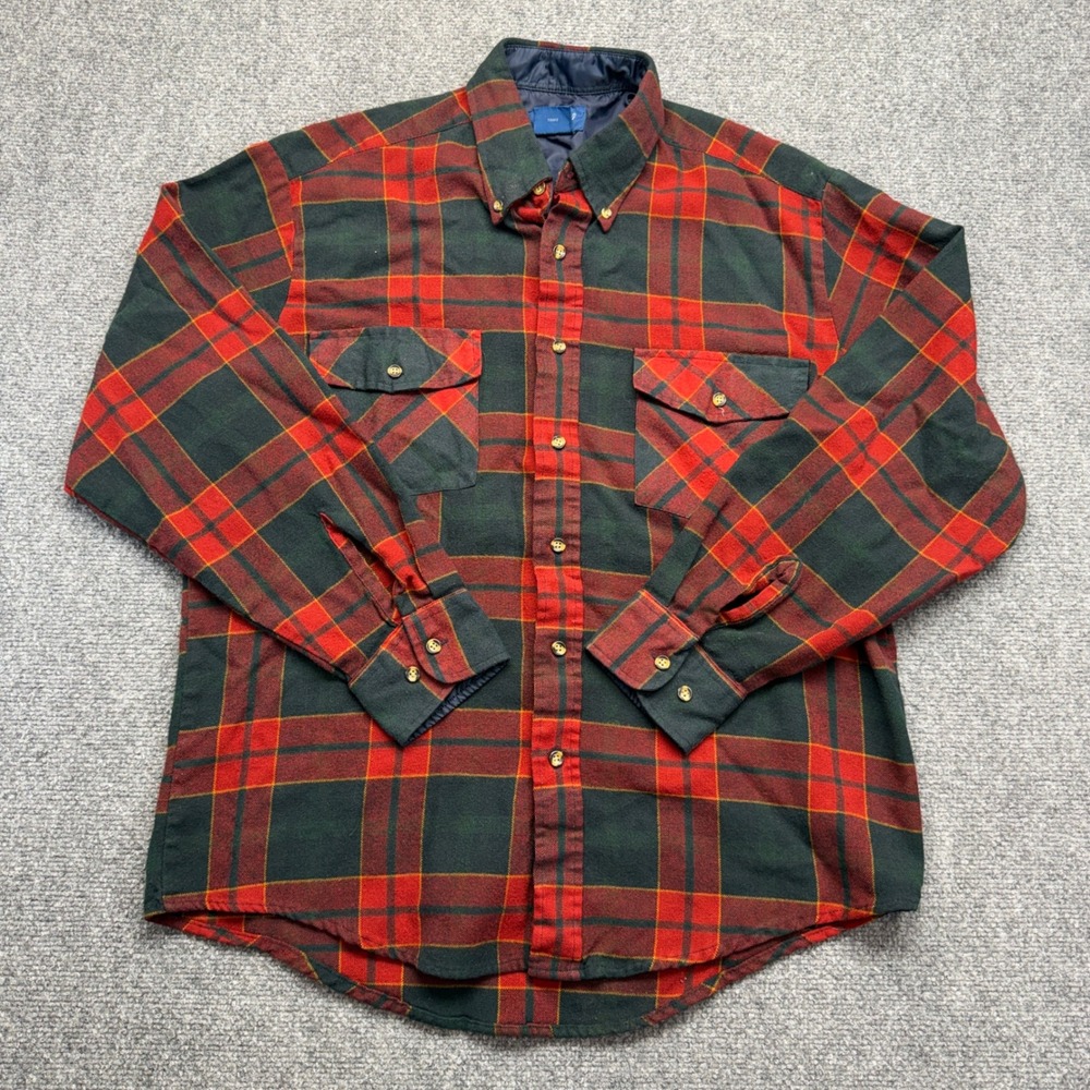 Towncraft Mens Large Red Green Plaid Acrylic Flannel Button Down Shirt VTG